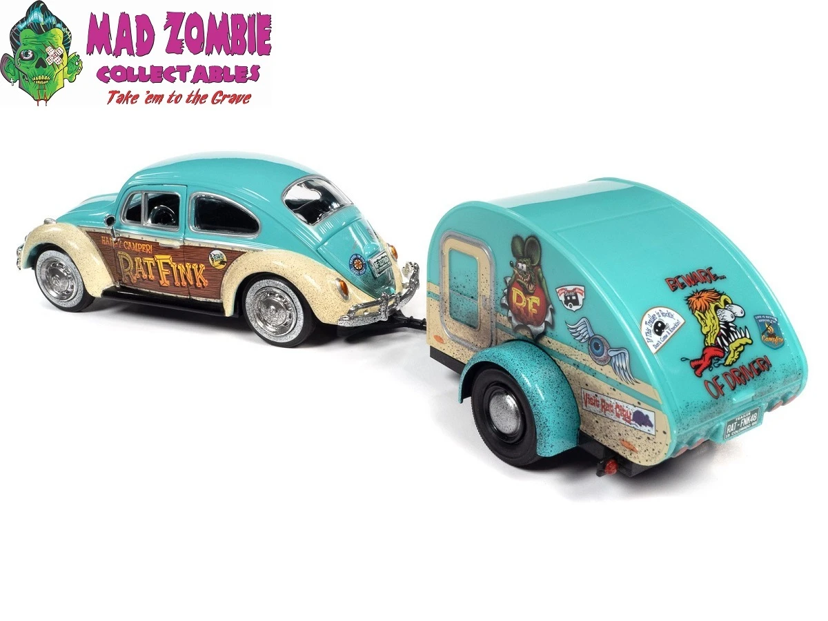 Auto World 1/24 Scale - Rat Fink 1966 VW Beetle With Tear Drop Trailer With Rat Fink Figure - Image 2