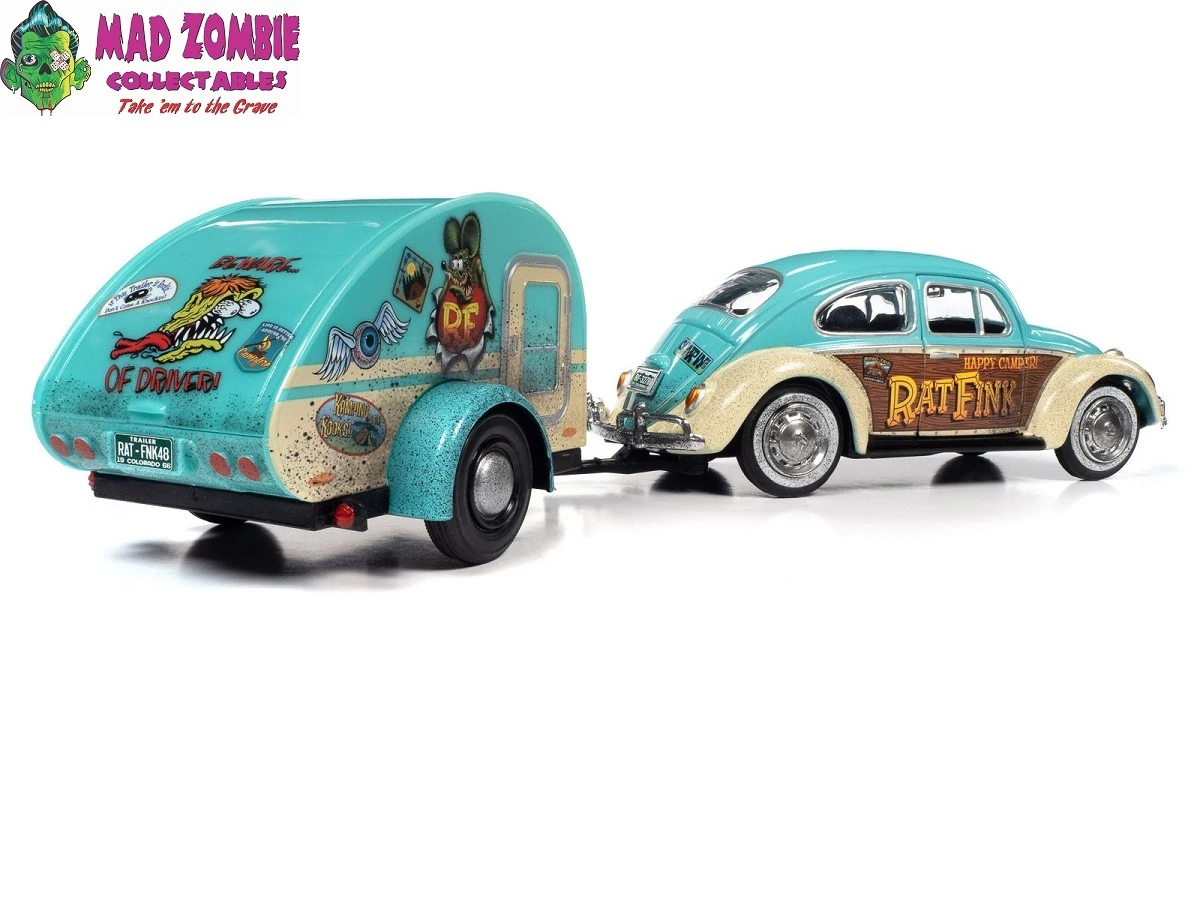Auto World 1/24 Scale - Rat Fink 1966 VW Beetle With Tear Drop Trailer With Rat Fink Figure - Image 3