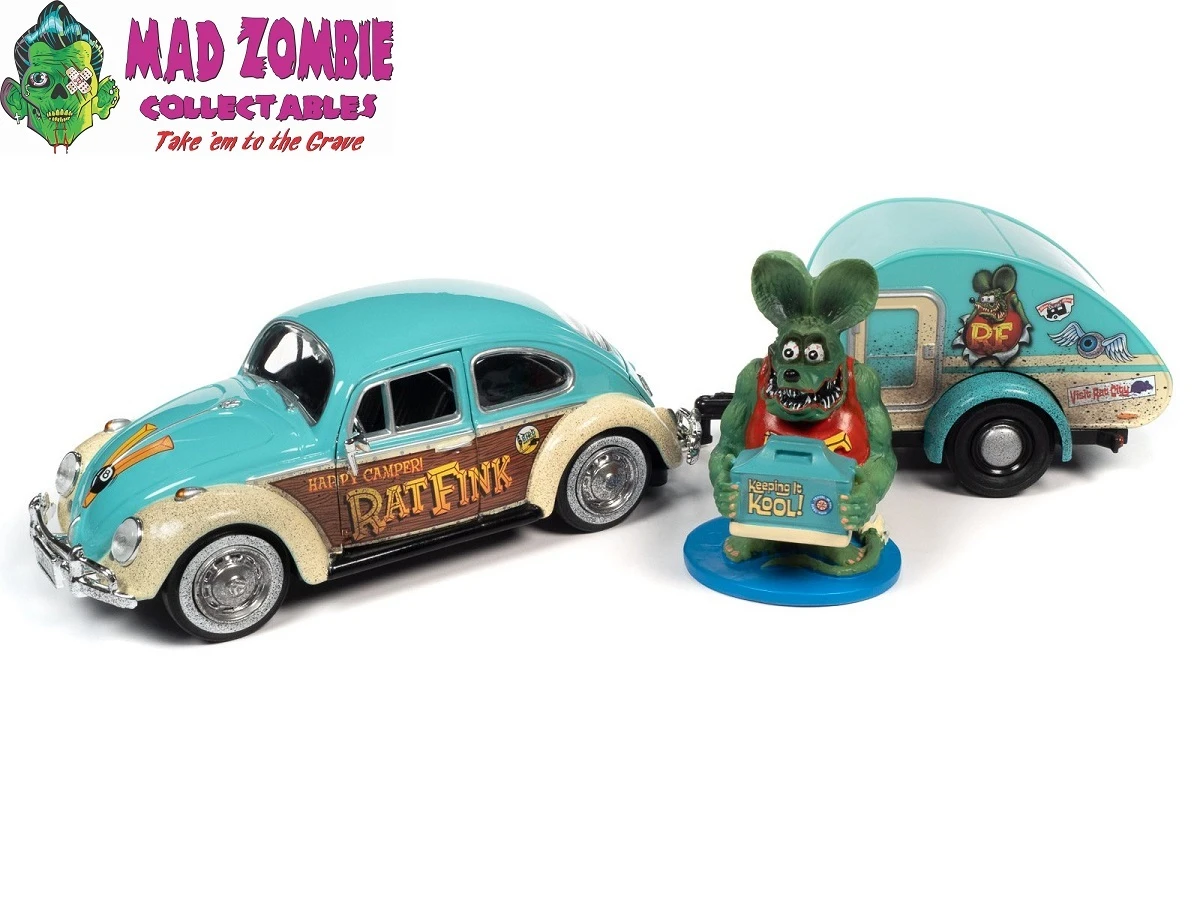 Auto World 1/24 Scale - Rat Fink 1966 VW Beetle With Tear Drop Trailer With Rat Fink Figure